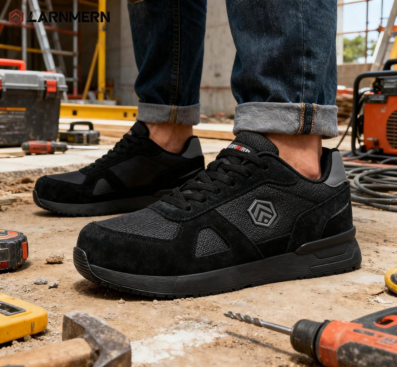 LARNMERN Safety Shoes Mens Sneakers Steel Toe Construction AntiStatic Work Shoes Pria Wanita L9096 Black
