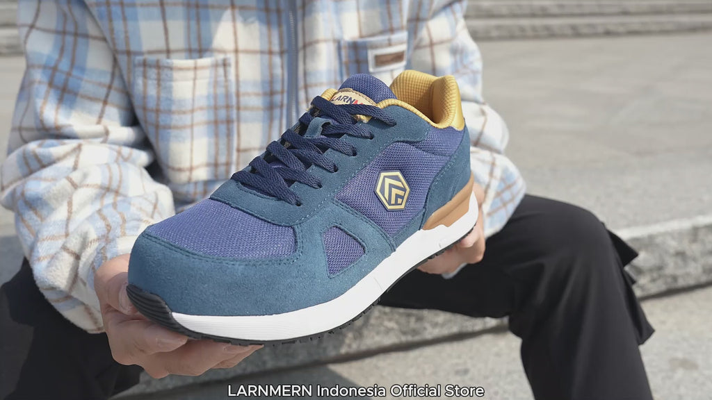 LARNMERN Safety Shoes Mens Sneakers Steel Toe Construction AntiStatic Work Shoes Pria Wanita L9096 Navy